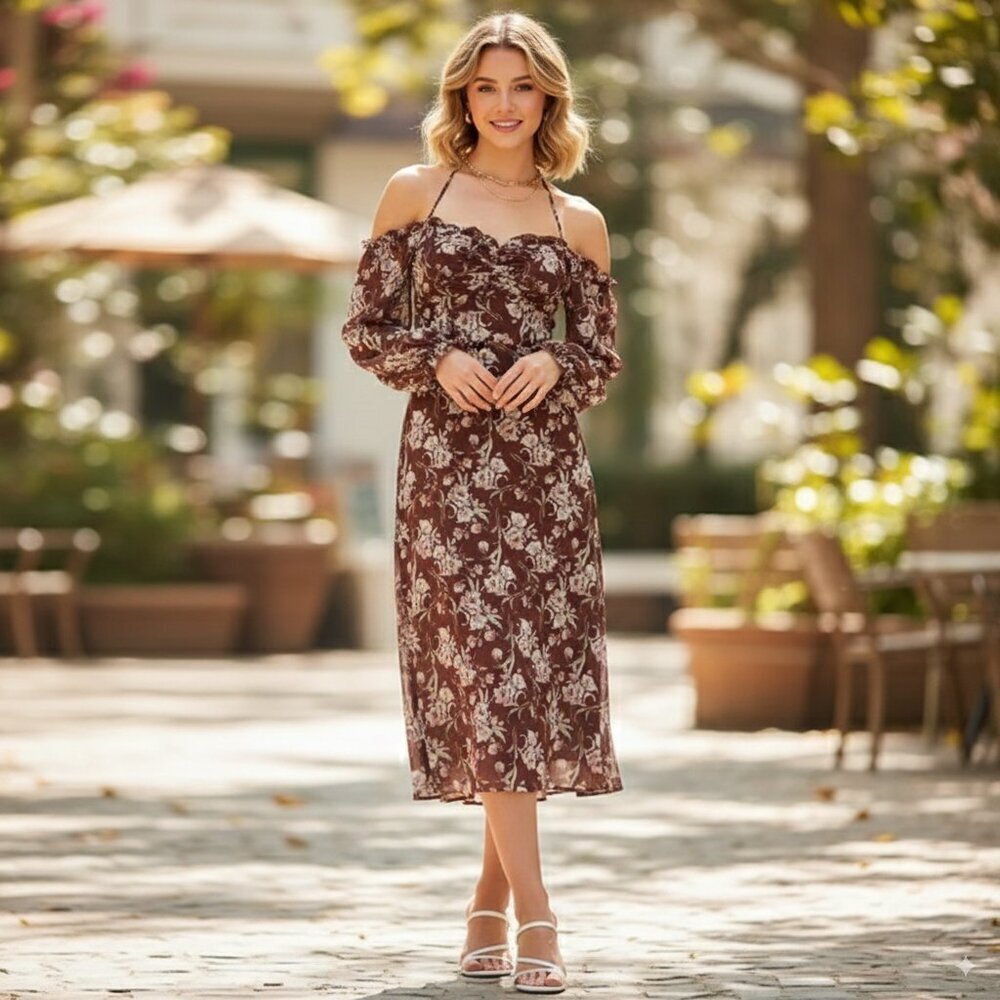 ASTR Off Shoulder Cinhced Bust Midi Dress in Brown Mauve Floral Size Small NWT